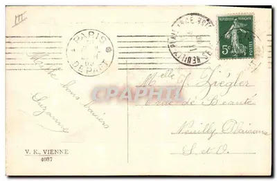 Crianças trocando um pintinho e um ramo de cerejeira — Feliz Páscoa — V. K., Viena 4037 — Verso