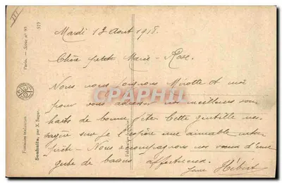 Mulher em vestido dourado e chapéu rosa — com cesta de flores — editor X. Sager, série III n° 519 — Verso