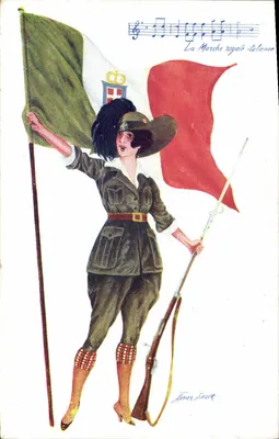 Mulher soldado italiana — com bandeira tricolor e música — desenho de Sager