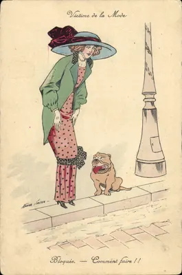 Bilhete postal antigo Fantasia — Ilustrador Xavier Sager — Mulher Cão Vitima da moda