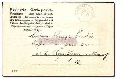 Pejzaż alpejski — chalet i lodowce — wydawca E.S.W. — Rewers