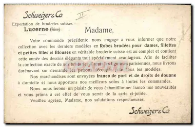 Femme en robe brodée — illustration publicitaire — Schweizer & Co. Lucerne (Suisse) — Rewers