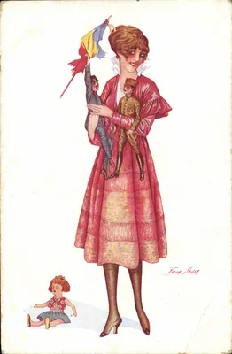 Bilhete postal antigo Fantasia Ilustrador Sager Mulher Militar Boneca