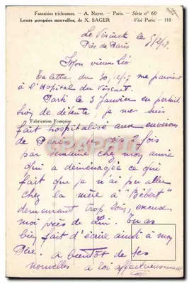Bilhete postal antigo Fantasia Ilustrador Sager Mulher Militar Boneca — Verso