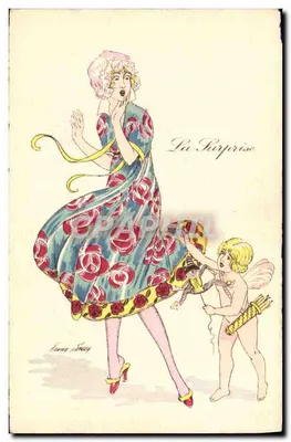 A Surpresa — Cupido revelando uma surpresa a uma mulher — Fantasias Parisienses Aquarelas, Série N°33, por X. Sager