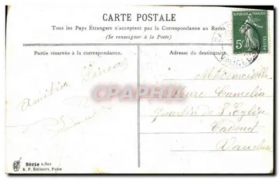 Dwie skarbieczki noszące listy — bukiet kwiatów i zamek w tle — K. F. Wydawcy, Paryż, seria 1.801 — Rewers