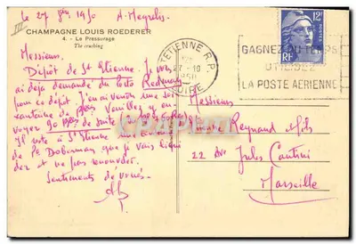 Naciskanie winogron — Fabryka champagnego — Wydawca: Champagne Louis Roederer, nr 4 — Rewers