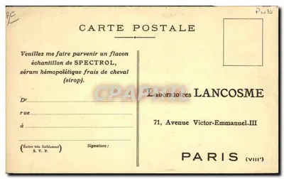 Sérum hemopoiético fresco de cavalo — Spectrol — Laboratórios Lancosme, Paris (VIII) — Verso