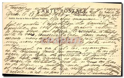 Paris - Rue de la Paix e Coluna Vendôme — vista da rua com placas 'Geugeot' e 'Sel Cérébos' — editor A. L. B. n° 103 — Verso