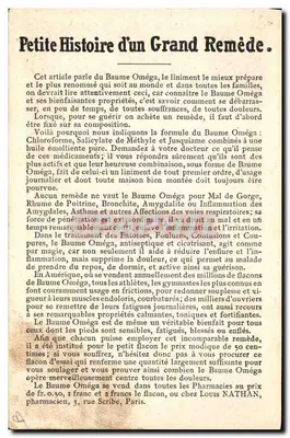 Baume Oméga — Entorses e Contusões — Baume Oméga contra Entorses e Contusões — Frasco de amostra: 50¢ — Verso