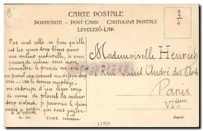 Jovem mulher com olhos azuis — coroa de louro com flores rosas — editor M. M. VIENNE, n° 228 — Verso