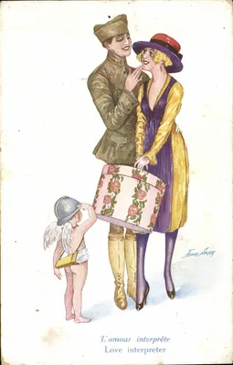 Bilhete postal antigo Fantasia Ilustrador Xavier Sager Mulher Anjo Militaria