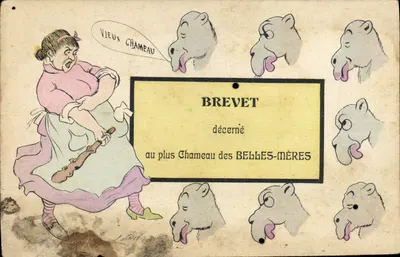 Bilhete postal antigo Fantasia Ilustrador Xavier Sager Velho Camelo Patente concedida ao mais camelo das Belas Mães