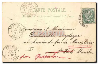 Fleurs et violettes — carte de vœux avec texte imprimé et écriture manuscrite — éditeur non visible — Rewers