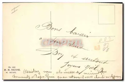 Enfant et chiots dans des branches de gui — R. Ussery — éditeur M. M. Vienne, n° 466 — Verso
