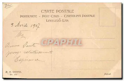 Jovem mulher com vestido de estilo antigo — segurando um livro — desenho de P. W. Widhena — editor M. M. Vienne, n° 199 — Verso