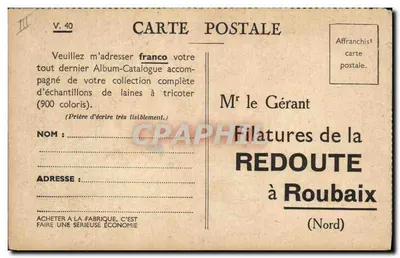 Tricoteuses : Ces beaux moutons vous apportent leur laine — Carte de l'Almanach Vermot, éditée par la Filatures de la Redoute, n° V.40 — Verso