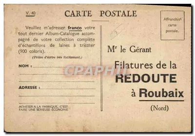 Tricoteuses — Moutons en train d'être déshabillés — Carte de l'Almanach Vermot, éditée par la Filatures de la Redoute — Verso