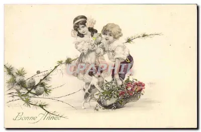 Dwa dzieci z koszykiem z kwiatami — kartka życzeń — P.T.L. Collection, nr 120