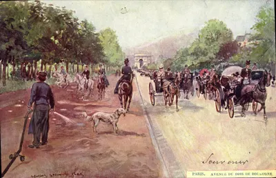 Paris, Avenida do Bois de Boulogne — vista animada com o Arco do Triunfo em segundo plano — desenho de Georges Stein, Paris