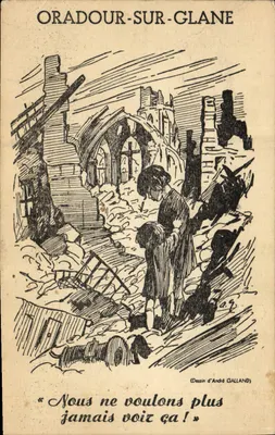 Oradour-sur-Glane — ruínas após a tragédia — desenho de André Galland