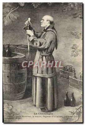 Domm Perignon descobrindo a espuma — fragmento de um quadro de Armand Guerry — Bracquesmart, lib. édit.