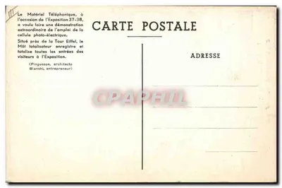 O Mât totalizador das entradas na Exposição realizada pela L.M.T. — perto da Torre Eiffel — L.M.T. (Matériel Téléphonique) — Verso