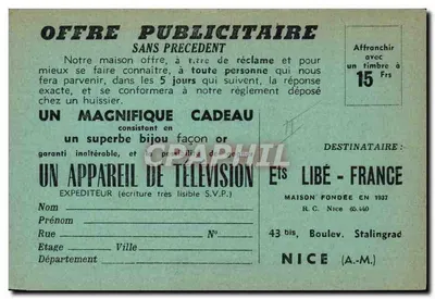 Bureau dos Objetos Encontrados — jogo de correspondência — Maison fundada em 1937, Nice — Verso