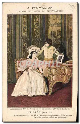 Pygmalion — escena del Acto II — G. Urion Fils, Petit & Cie, Grands Magasins de Nouveautés, 9 Boulevard de Sébastopol, París — Reverso