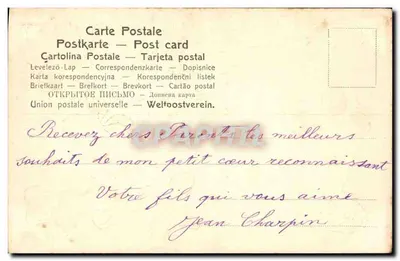 Carta de boas-vindas com folhas de trêfola — 'É o meu coração que a envia' — Boa Ano 1907 — Verso