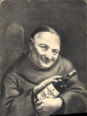 Mönch, der eine Flasche Château Llanvision Haut-Brion 1898 hält — Illustration — unbekannter Verleger, Seriennummer nicht sichtbar