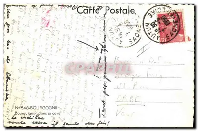 Bourguignon dans sa cave — scène de chai avec barriques de Meursault Blanc 47 — éditeur : Carafe Postale, n°548-Bourgogne — Rewers