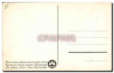 Mężczyzna pijący apéritif — zasnieżone góry — reklama Clacquesin — Rewers