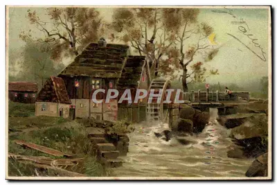Moulin à eau — scène nocturne avec lune — Imprimerie T. Caris Tranzuka