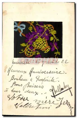 Arranjo de violetas bordadas — Feliz Aniversário — Editor não identificado — Verso