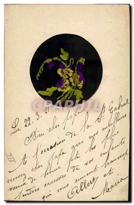 Arranjo de violetas — cartão de felicitações — Albert e Maria — Verso