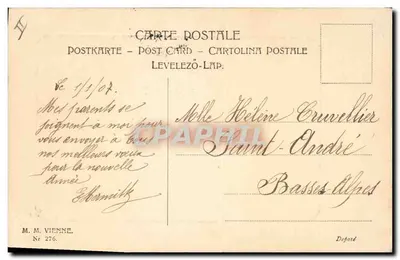 Mulher em vestido branco carregando cestas de flores — Boa Ano 1907 — M. M. VIENNE, N° 276 — Verso