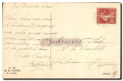 Coppia in abito invernale in un paesaggio innevato — J. Thévy — editore M. M. Vienne, n° 465 — Verso