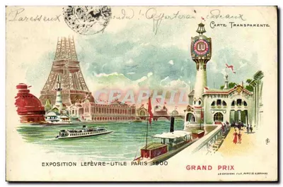 Exposition Lefèvre-Utile Paris 1900 — vue de la Seine avec la Tour Eiffel et le Grand Prix — éditeur J.E. Goossens, Paris 20, R. Berandou