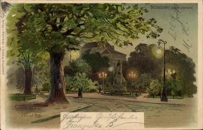Düsseldorf, Corneliusplatz — Place Cornélius avec statue et arbres — Verlag V. Wärmöcke u. Schütze, Düsseldorf