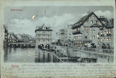 Zurich — Vue nocturne du Rathausquai avec croissant de lune — A.G. Postkartenverlag Zürich