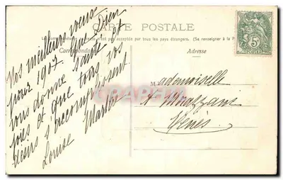 Donna con cappello fiorito — cartolina di auguri 1906 — editore non visibile — Verso