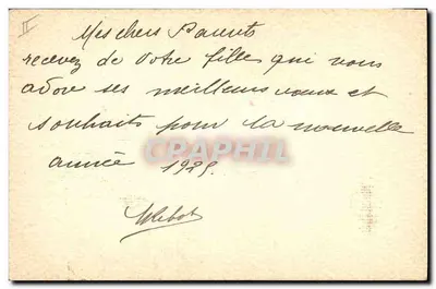 Bom Ano — decoração de visco e paisagem — carta postal — Verso
