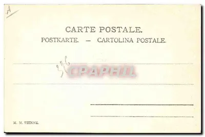 Mulher sobre balançoira — cena de jardim — M. M. Vienne — Verso