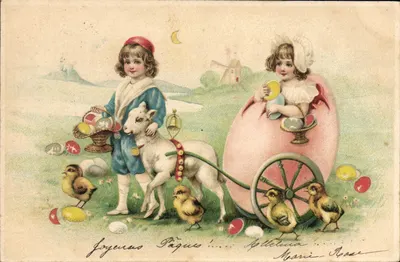Enfants et poussins dans un paysage printanier — édition Marius Rose