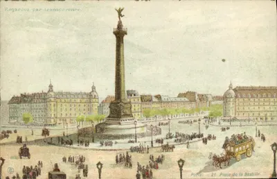 Place de la Bastille — colonne de la Bastille avec foule et calèche — éditeur Paris, n° 21