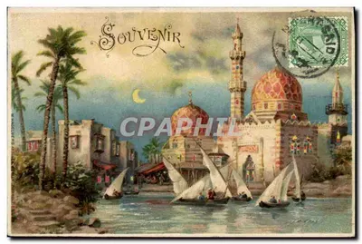 Vue de paysage égyptien — mosquée et bateaux — WAGLBERG, n° 123