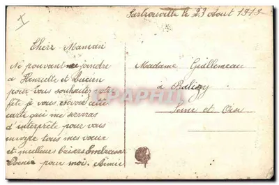 Carta di auguri ricamata — Buon Anno — Parthourville, 23 agosto 1919 — Verso