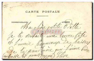 Flores bordados — tarjeta postal antigua de felicitaciones — Madame In Bruyne (Marguerite) — Reverso