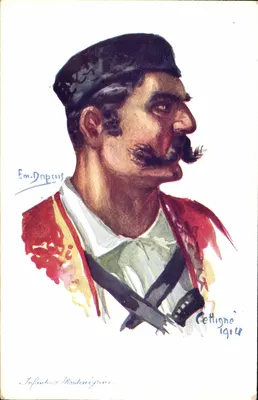 Jugoslawische Infanterie — Soldat im Uniform — Zeichnung von Em. Drupius, Cettigne 1914